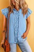 Denim Button Front Frayed Ruffle Flutter Sleeve Top
