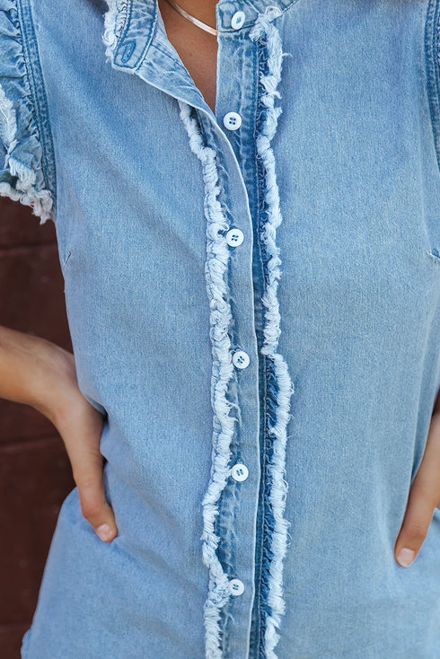 Denim Button Front Frayed Ruffle Flutter Sleeve Top