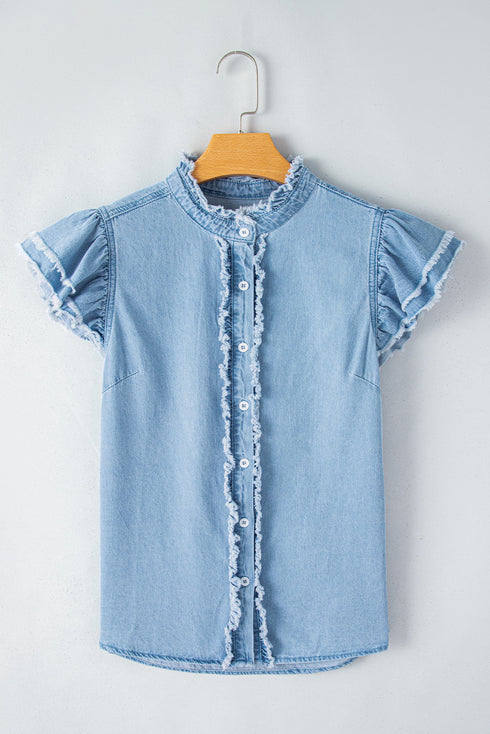 Denim Button Front Frayed Ruffle Flutter Sleeve Top