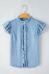 Denim Button Front Frayed Ruffle Flutter Sleeve Top