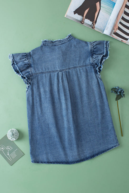 Denim Button Front Frayed Ruffle Flutter Sleeve Top