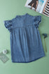 Denim Button Front Frayed Ruffle Flutter Sleeve Top