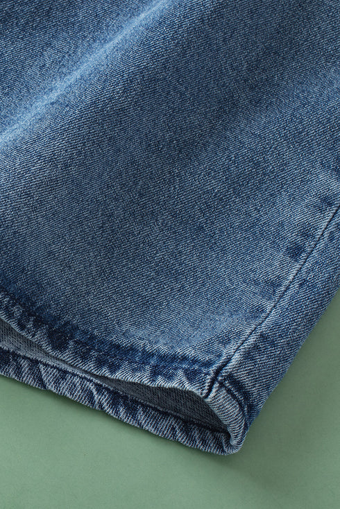 Denim Button Front Frayed Ruffle Flutter Sleeve Top