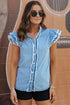 Denim Button Front Frayed Ruffle Flutter Sleeve Top