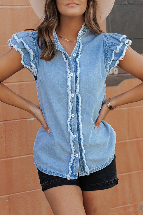 Denim Button Front Frayed Ruffle Flutter Sleeve Top