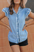 Denim Button Front Frayed Ruffle Flutter Sleeve Top