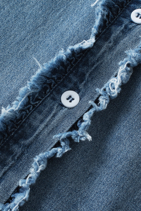 Denim Button Front Frayed Ruffle Flutter Sleeve Top