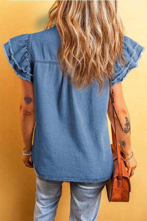 Denim Button Front Frayed Ruffle Flutter Sleeve Top