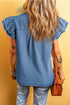 Denim Button Front Frayed Ruffle Flutter Sleeve Top