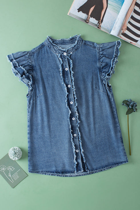 Denim Button Front Frayed Ruffle Flutter Sleeve Top