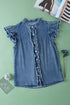Denim Button Front Frayed Ruffle Flutter Sleeve Top