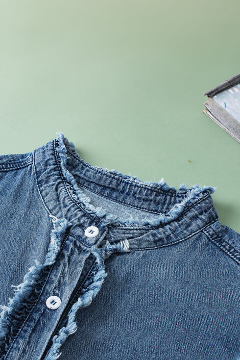 Denim Button Front Frayed Ruffle Flutter Sleeve Top