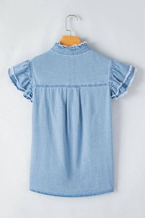 Denim Button Front Frayed Ruffle Flutter Sleeve Top