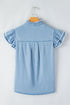 Denim Button Front Frayed Ruffle Flutter Sleeve Top