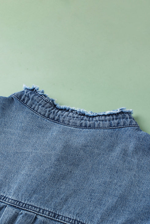 Denim Button Front Frayed Ruffle Flutter Sleeve Top