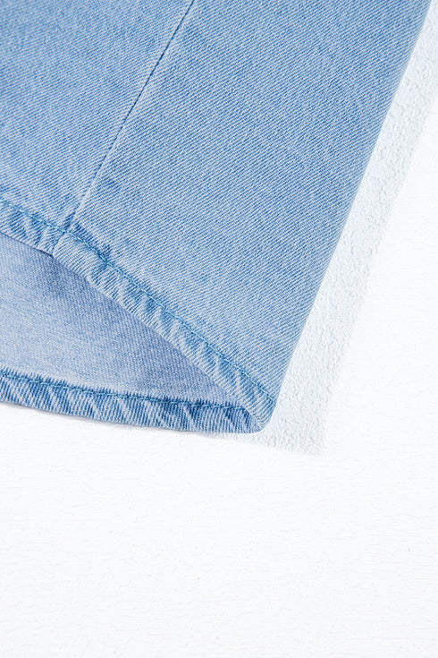 Denim Button Front Frayed Ruffle Flutter Sleeve Top