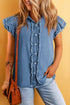 Denim Button Front Frayed Ruffle Flutter Sleeve Top