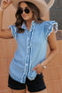Denim Button Front Frayed Ruffle Flutter Sleeve Top