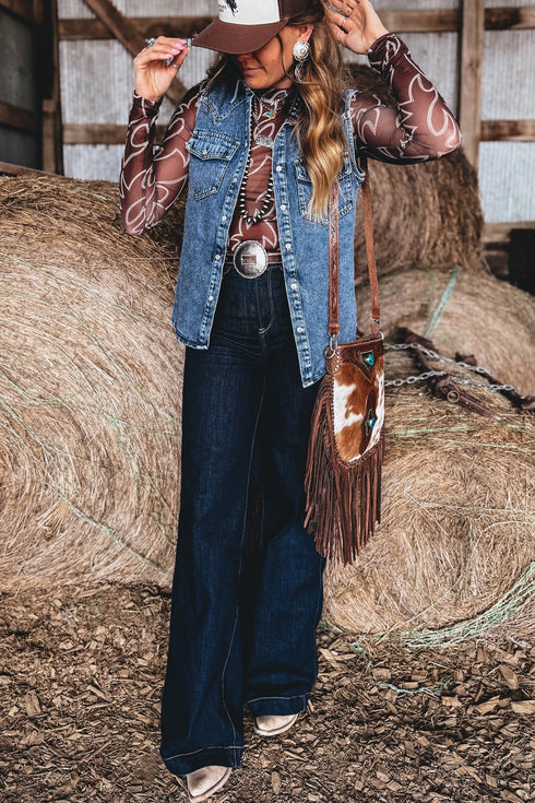 Denim Button Front Pocket Sleeveless Cowboy Vest