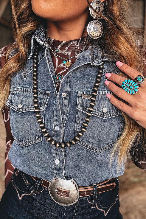 Denim Button Front Pocket Sleeveless Cowboy Vest