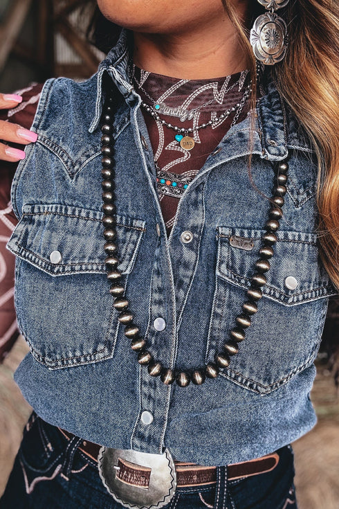 Denim Button Front Pocket Sleeveless Cowboy Vest