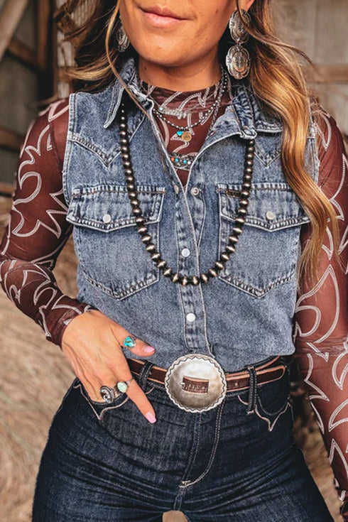 Denim Button Front Pocket Sleeveless Cowboy Vest