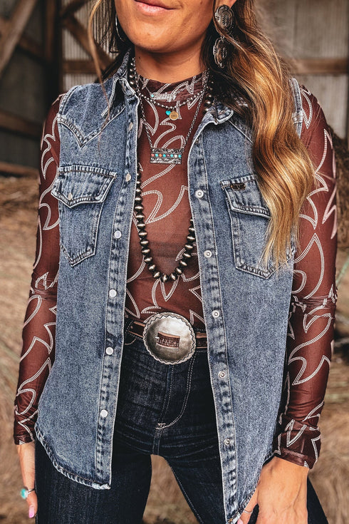 Denim Button Front Pocket Sleeveless Cowboy Vest