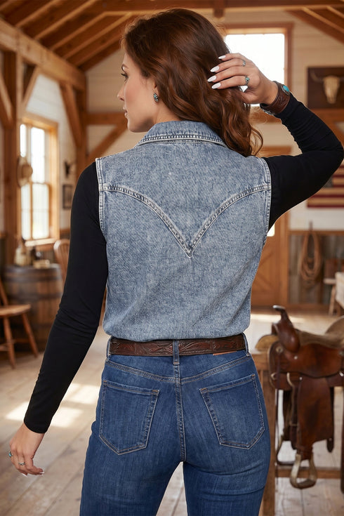Denim Button Front Pocket Sleeveless Cowboy Vest