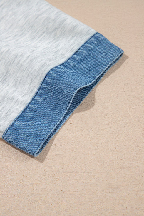 Denim Collar Cuffed Short Sleeve Polished Top