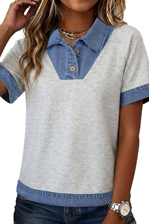 Denim Collar Cuffed Short Sleeve Polished Top