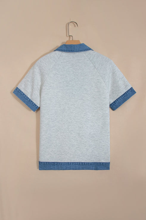 Denim Collar Cuffed Short Sleeve Polished Top