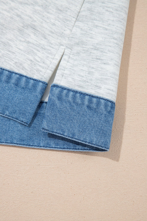 Denim Collar Cuffed Short Sleeve Polished Top