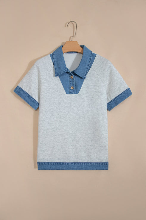 Denim Collar Cuffed Short Sleeve Polished Top