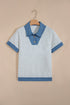 Denim Collar Cuffed Short Sleeve Polished Top