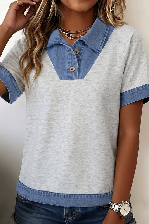 Denim Collar Cuffed Short Sleeve Polished Top