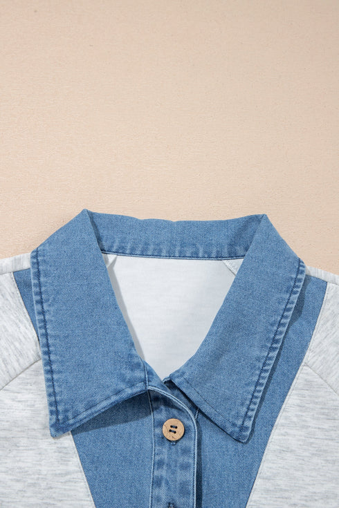 Denim Collar Cuffed Short Sleeve Polished Top