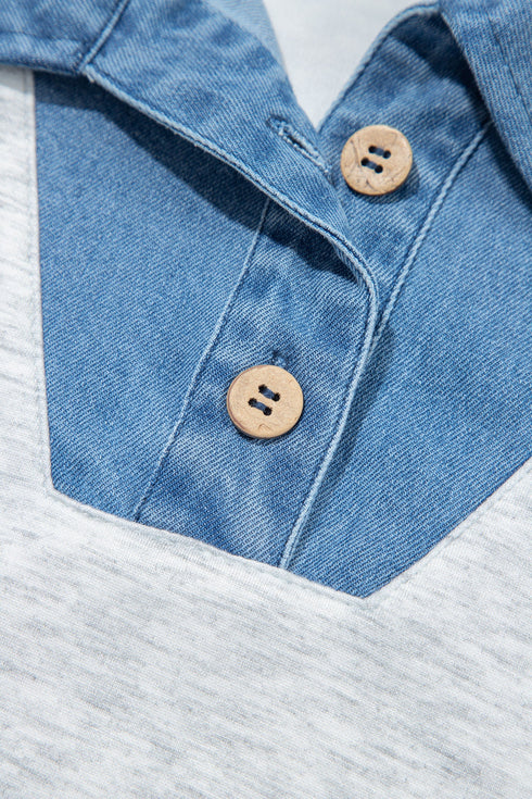 Denim Collar Cuffed Short Sleeve Polished Top