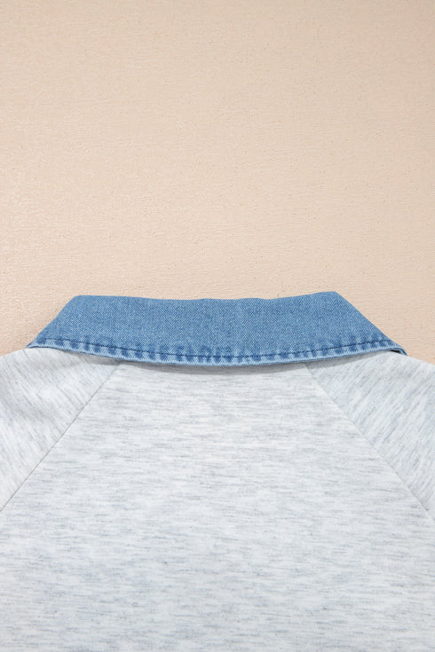 Denim Collar Cuffed Short Sleeve Polished Top