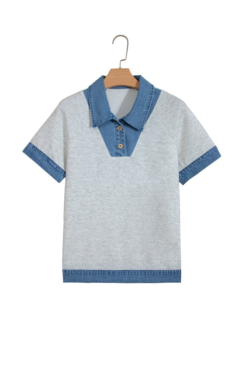 Denim Collar Cuffed Short Sleeve Polished Top