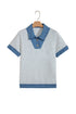 Denim Collar Cuffed Short Sleeve Polished Top