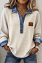 Denim Detail Ribbed Button Collar Long Sleeve Top