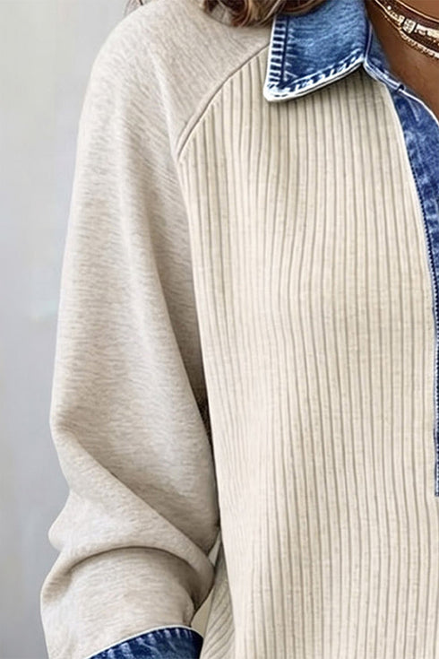 Denim Detail Ribbed Button Collar Long Sleeve Top