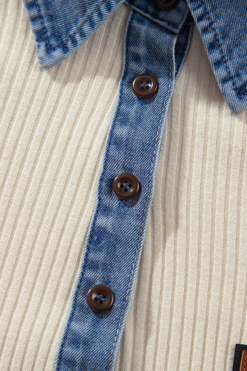 Denim Detail Ribbed Button Collar Long Sleeve Top