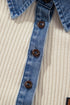 Denim Detail Ribbed Button Collar Long Sleeve Top
