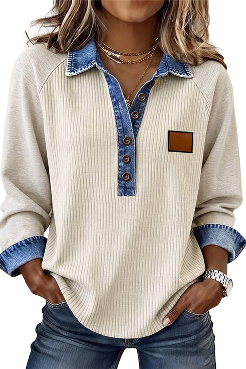 Denim Detail Ribbed Button Collar Long Sleeve Top