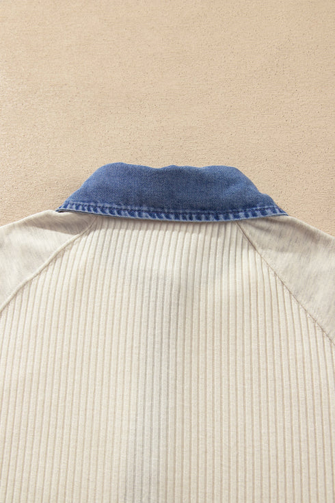 Denim Detail Ribbed Button Collar Long Sleeve Top
