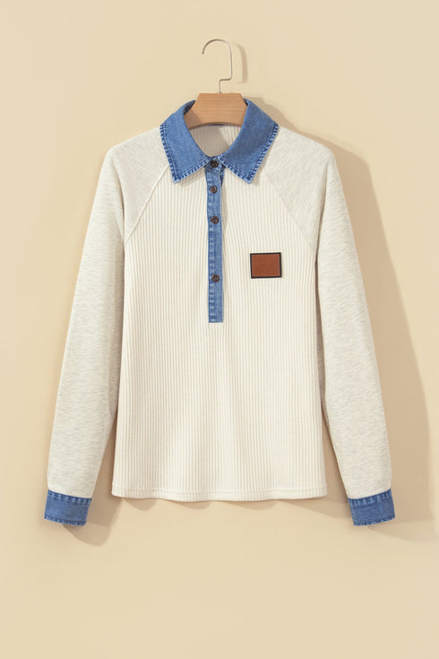 Denim Detail Ribbed Button Collar Long Sleeve Top