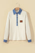 Denim Detail Ribbed Button Collar Long Sleeve Top