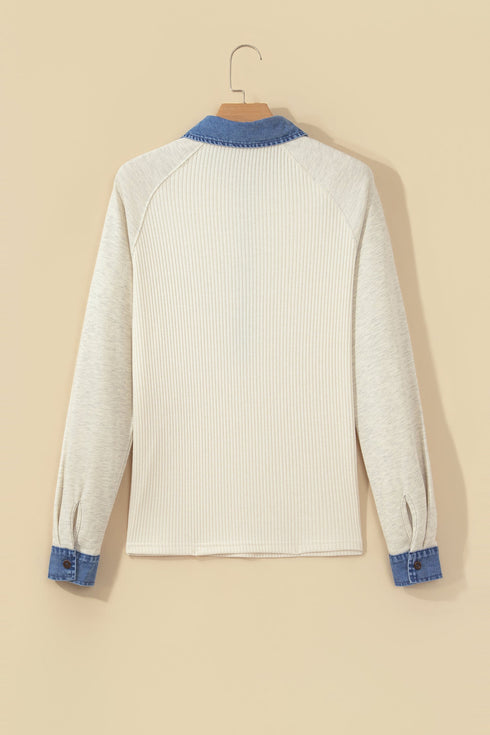 Denim Detail Ribbed Button Collar Long Sleeve Top