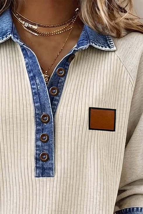 Denim Detail Ribbed Button Collar Long Sleeve Top